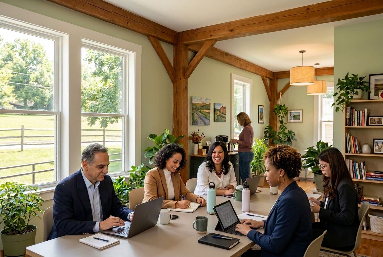 Six coworkers sit around a bright conference table with laptops and notebooks, collaborating in a plant-filled, sunny office with wooden beams and large windows on display.